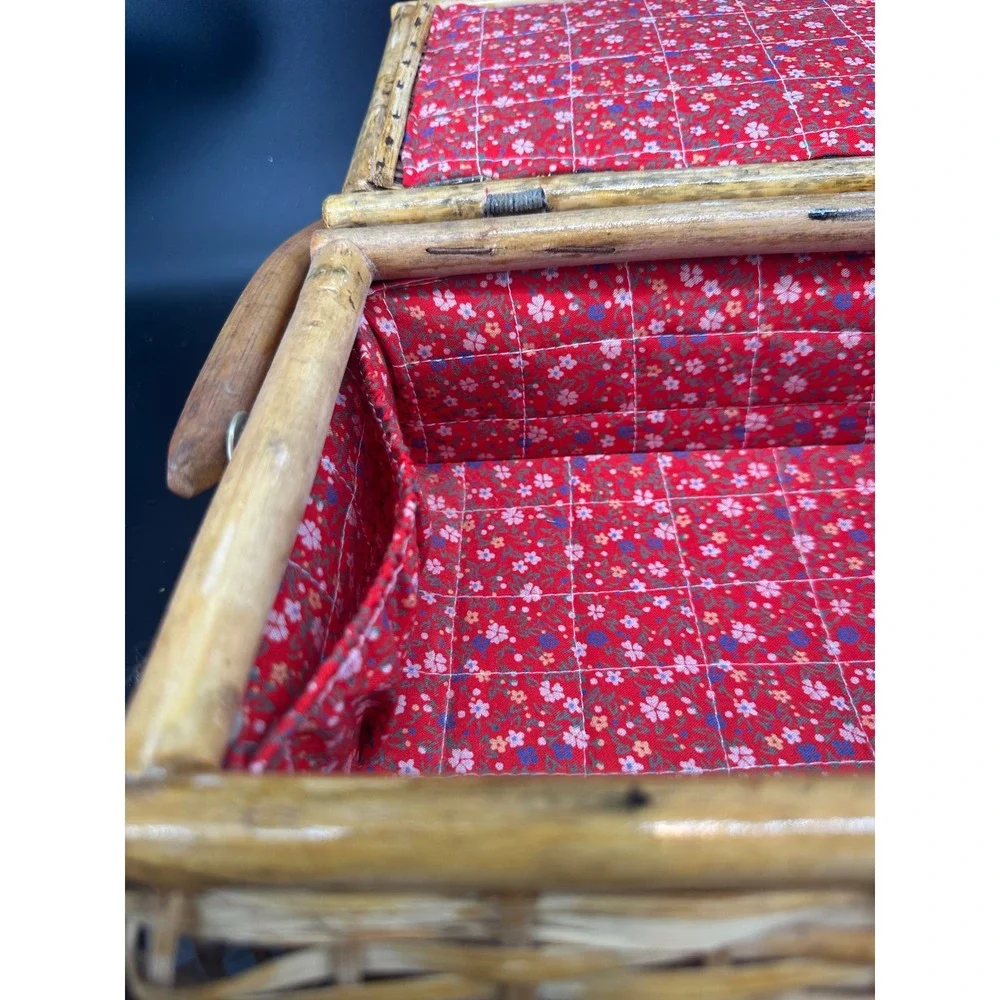 Vintage Wicker Sewing Basket Wood Handle Floral Lined Storage Box‎ Rustic Boho